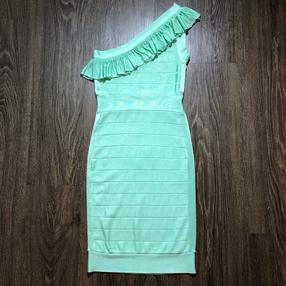 Y2K French Connection Classic One Shoulder Mint Green Bandage Dress - Picture 13 of 17